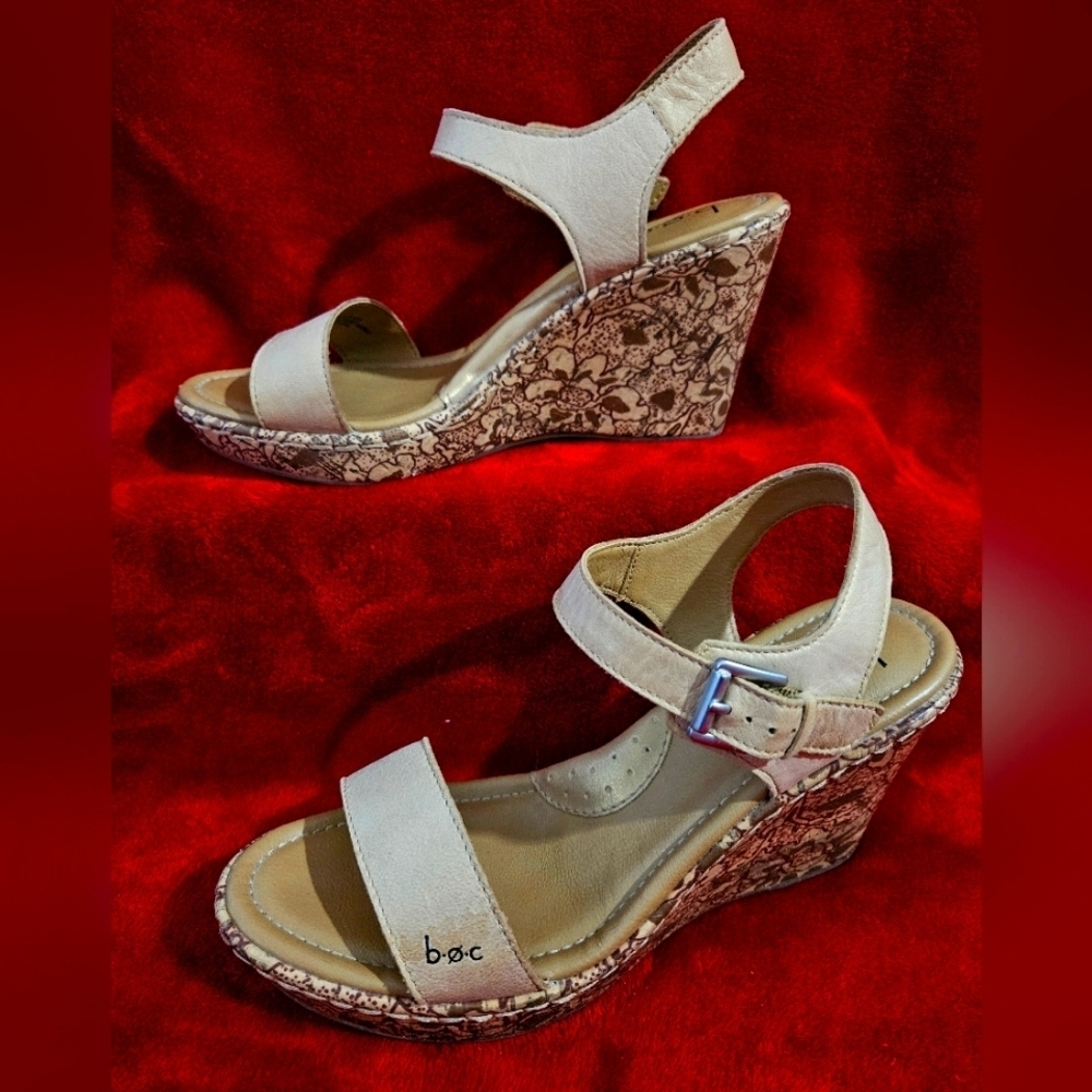 BOC Women Leather Platform Wedge Heel Sandal-Size 7M, Color-Stone/Beige